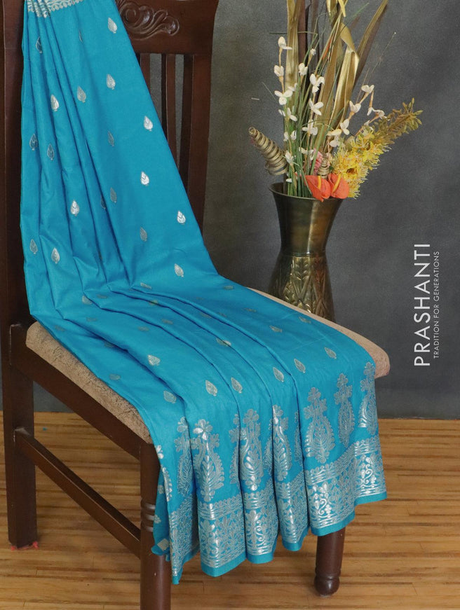 Dola silk Saree cs blue with zari woven buttas and zari woven border - {{ collection.title }} by Prashanti Sarees