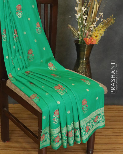 Dola silk Saree green with zari woven floral paithani buttas and floral paithani zari woven border - {{ collection.title }} by Prashanti Sarees