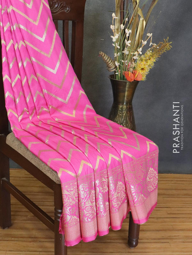 Dola silk Saree pink with zari woven zig zag pattern and floral zari woven border - {{ collection.title }} by Prashanti Sarees