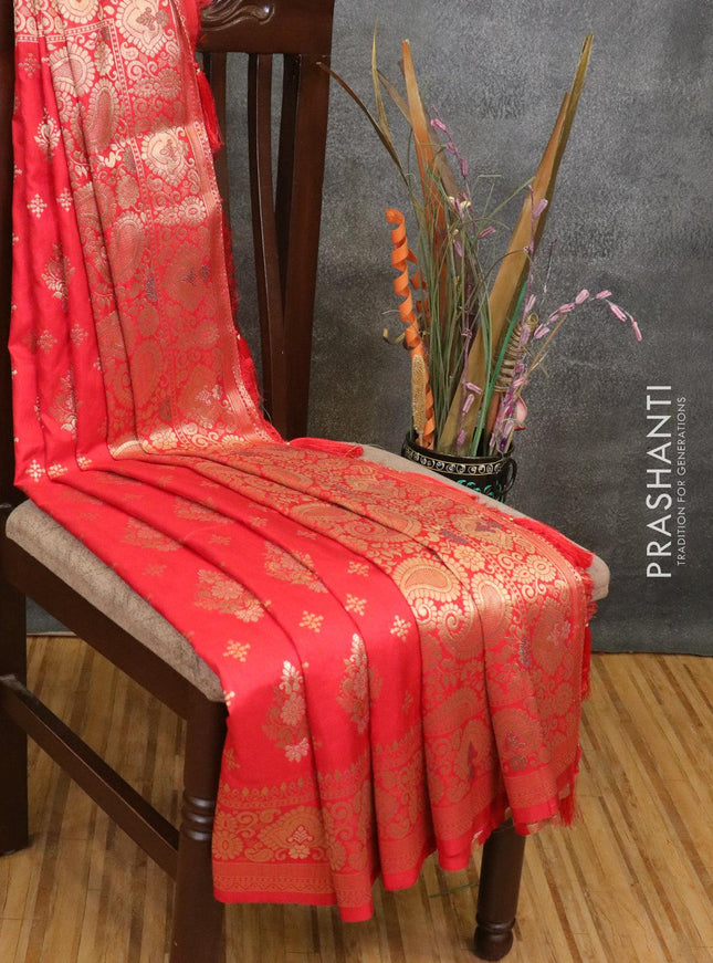 Dola silk Saree red with allover zari woven buttas and zari woven border - {{ collection.title }} by Prashanti Sarees