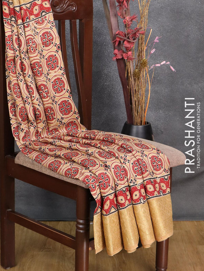 Dola silk saree sandal and maroon with allover ajrakh prints and zari woven border - {{ collection.title }} by Prashanti Sarees