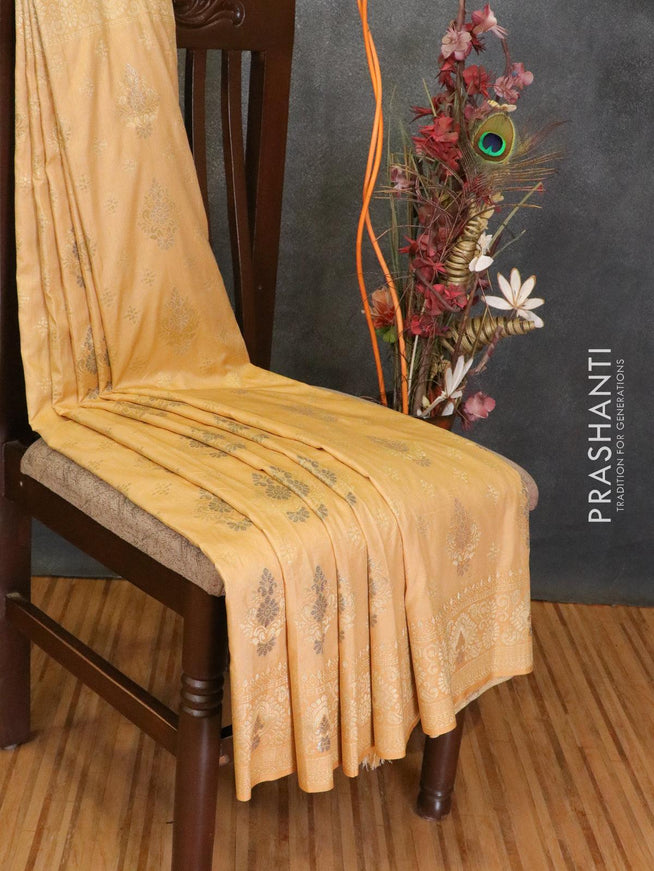 Dola silk Saree sandal with allover zari woven buttas and zari woven border - {{ collection.title }} by Prashanti Sarees