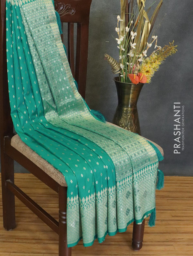 Dola silk Saree teal blue with allover zari woven buttas and zari woven border - {{ collection.title }} by Prashanti Sarees