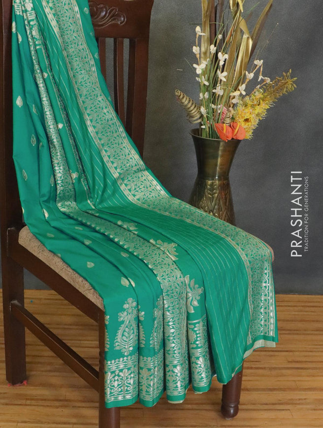 Dola silk Saree teal green with zari woven buttas and zari woven border - {{ collection.title }} by Prashanti Sarees