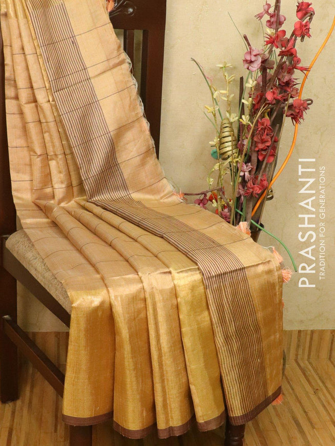 Dupion silk saree beige with allover stripes pattern and long zari woven border - {{ collection.title }} by Prashanti Sarees