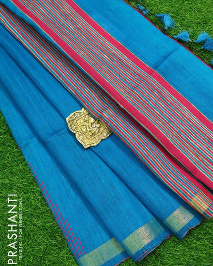 Dupion silk saree blue with plain body and thread woven temple simple zari border - {{ collection.title }} by Prashanti Sarees