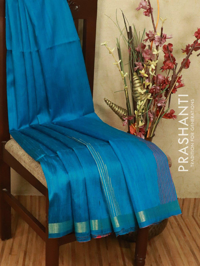 Dupion silk saree blue with plain body and thread woven temple simple zari border - {{ collection.title }} by Prashanti Sarees