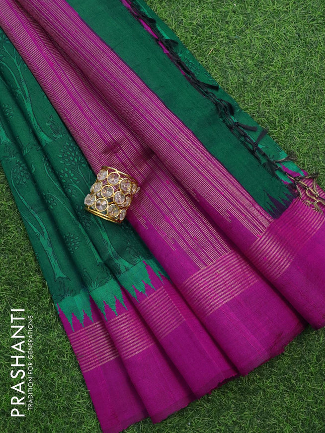 Dupion silk saree green and pink with allover prints and temple woven simple zari border - {{ collection.title }} by Prashanti Sarees