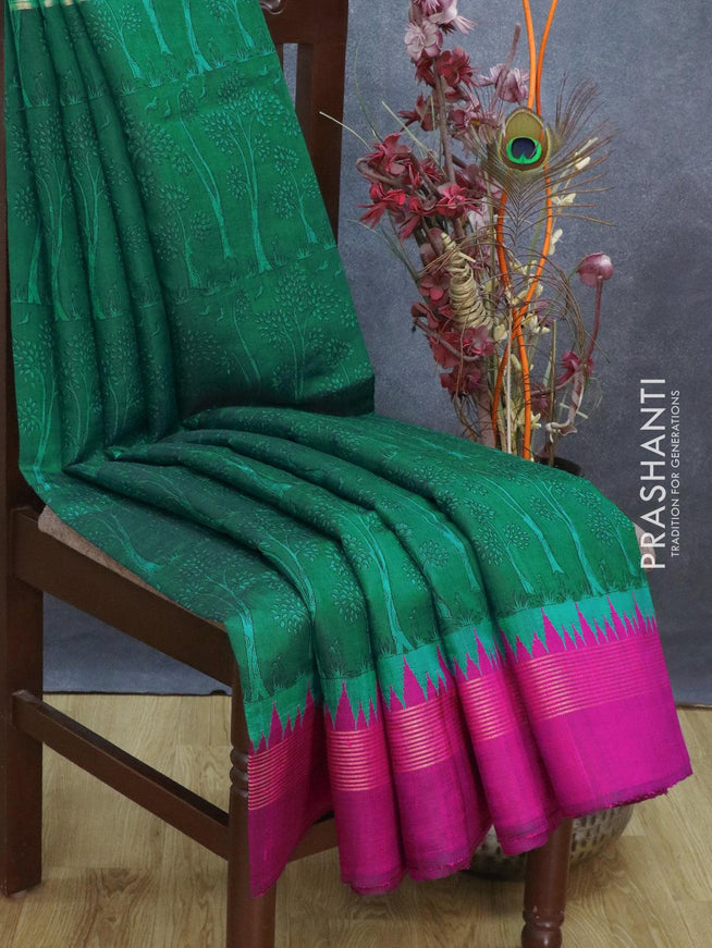Dupion silk saree green and pink with allover prints and temple woven simple zari border - {{ collection.title }} by Prashanti Sarees