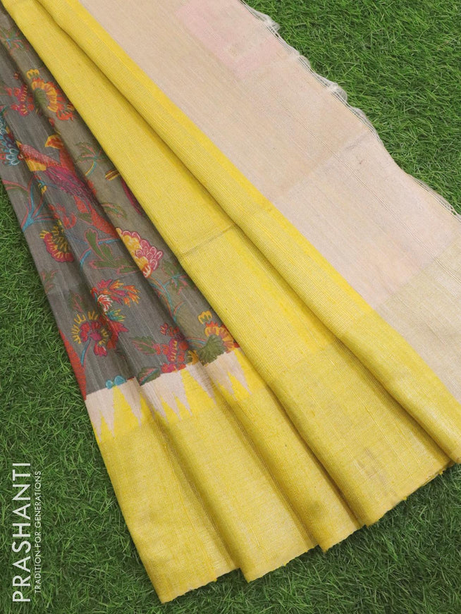 Dupion silk saree grey and yellow with digital prints and thread woven temple design & zari woven border - {{ collection.title }} by Prashanti Sarees