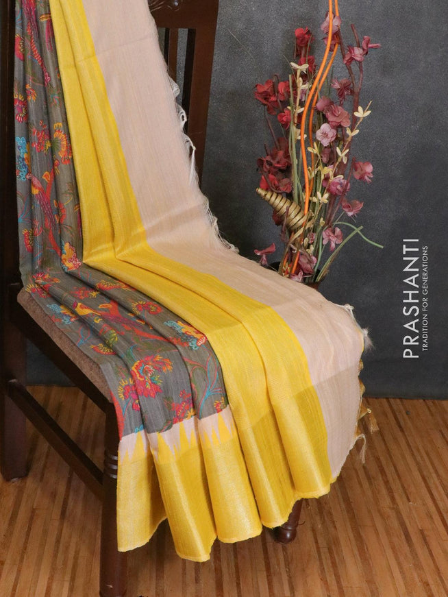 Dupion silk saree grey and yellow with digital prints and thread woven temple design & zari woven border - {{ collection.title }} by Prashanti Sarees