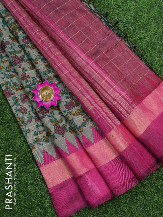 Dupion silk saree greyish green and pink with allover prints and temple woven simple zari border - {{ collection.title }} by Prashanti Sarees