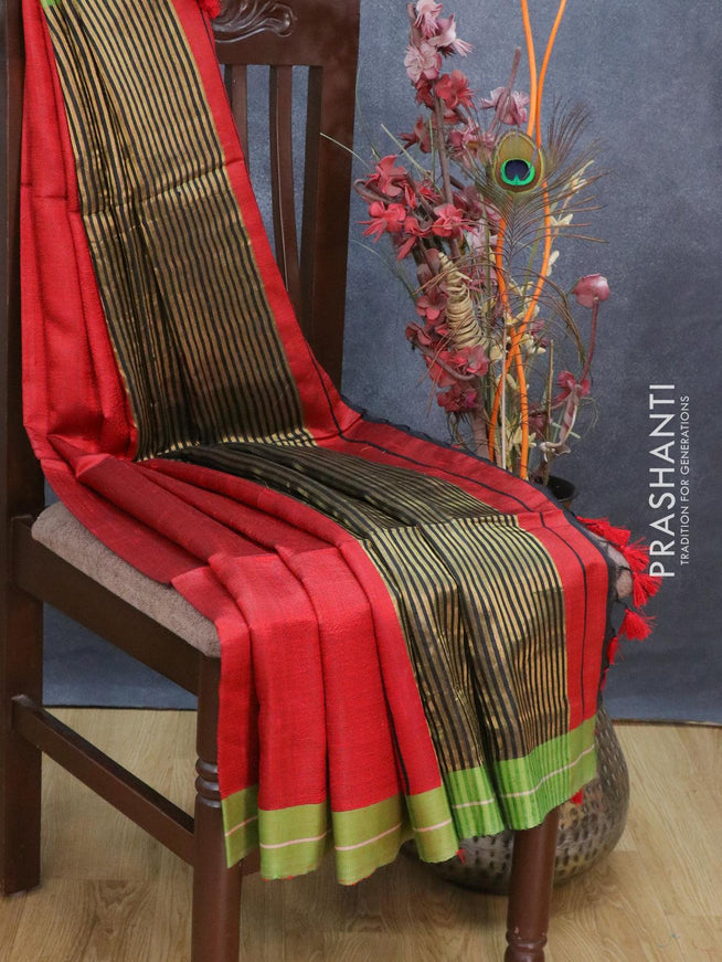 Dupion silk saree red and black with plain body and simple border - {{ collection.title }} by Prashanti Sarees