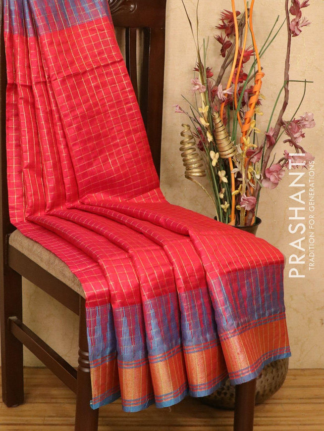 Dupion silk saree red and blue with allover zari checks pattern and thread woven temple zari border - {{ collection.title }} by Prashanti Sarees