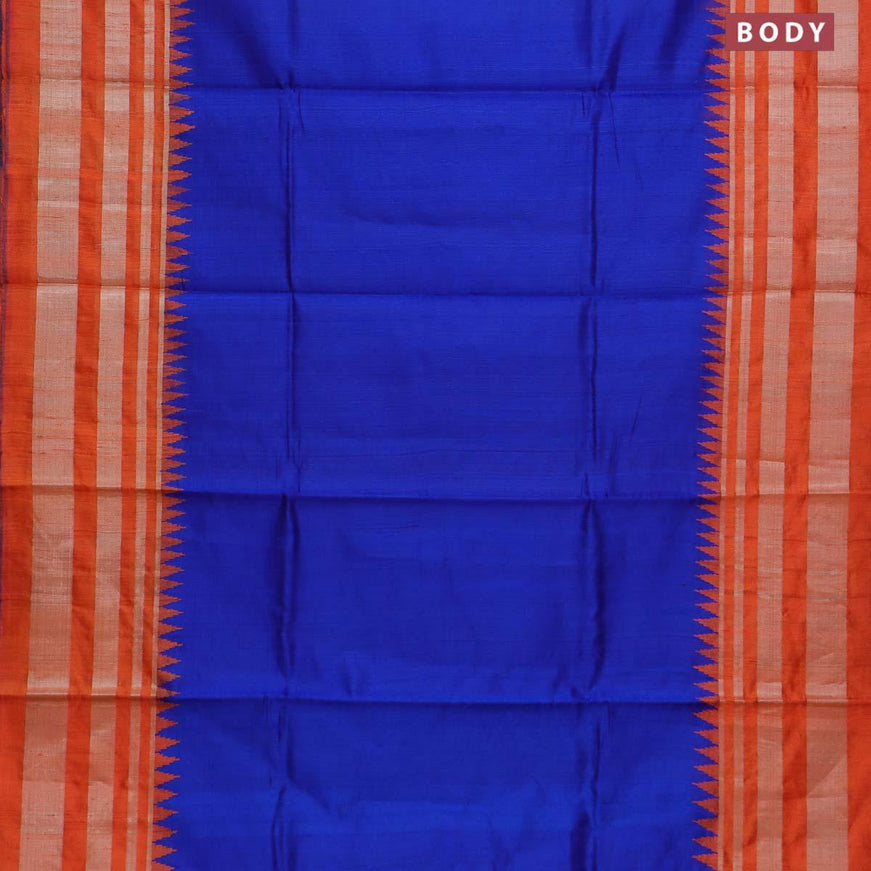 Dupion silk saree royal blue and orange with plain body and temple woven silver zari border - {{ collection.title }} by Prashanti Sarees