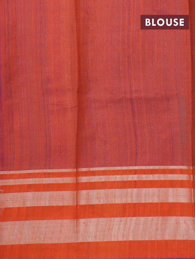 Dupion silk saree royal blue and orange with plain body and temple woven silver zari border - {{ collection.title }} by Prashanti Sarees