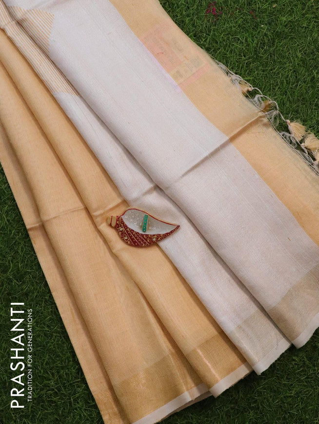 Dupion silk saree sandal and off white with plain body and zari woven border - {{ collection.title }} by Prashanti Sarees