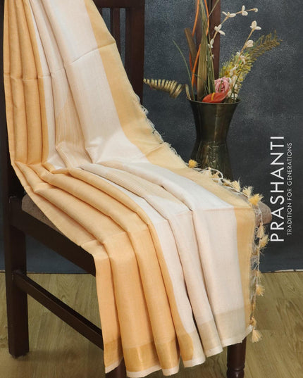 Dupion silk saree sandal and off white with plain body and zari woven border - {{ collection.title }} by Prashanti Sarees