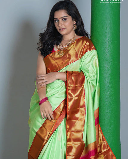 Ga - Pure kanjivaram silk saree teal green and purple with zari woven buttas and rich korvai zari woven bavanji border - Pre Order - {{ collection.title }} by Prashanti Sarees