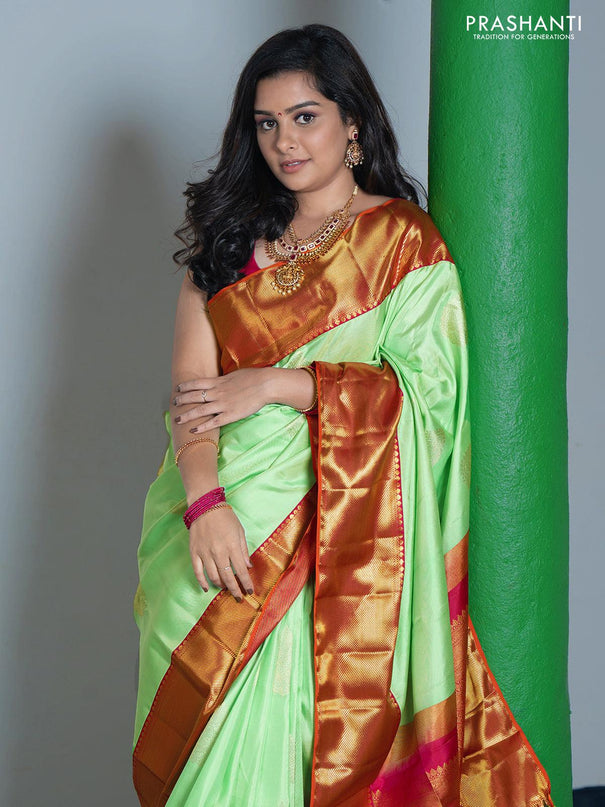 Ga - Pure kanjivaram silk saree teal green and purple with zari woven buttas and rich korvai zari woven bavanji border - Pre Order - {{ collection.title }} by Prashanti Sarees