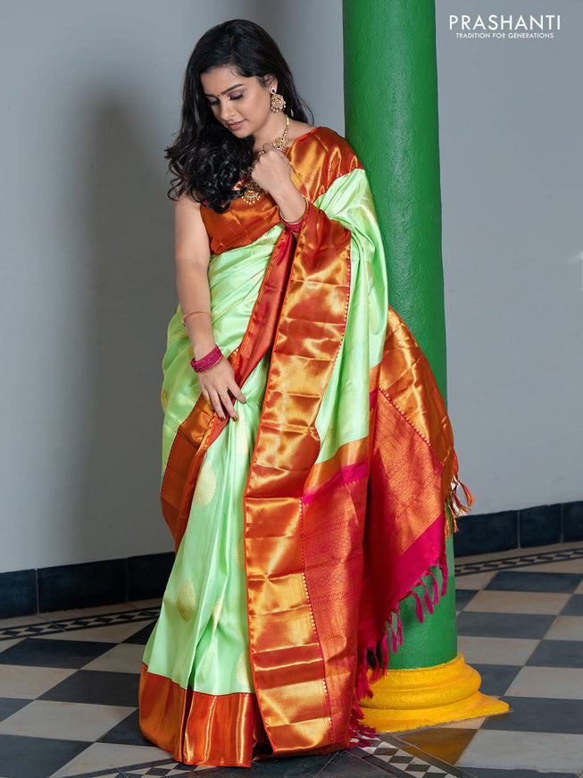 Ga - Pure kanjivaram silk saree teal green and purple with zari woven buttas and rich korvai zari woven bavanji border - Pre Order - {{ collection.title }} by Prashanti Sarees