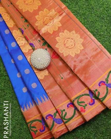 Gadwal silk saree blue and dual shade of orangish red with zari woven buttas and temple design zari woven paithani border - {{ collection.title }} by Prashanti Sarees