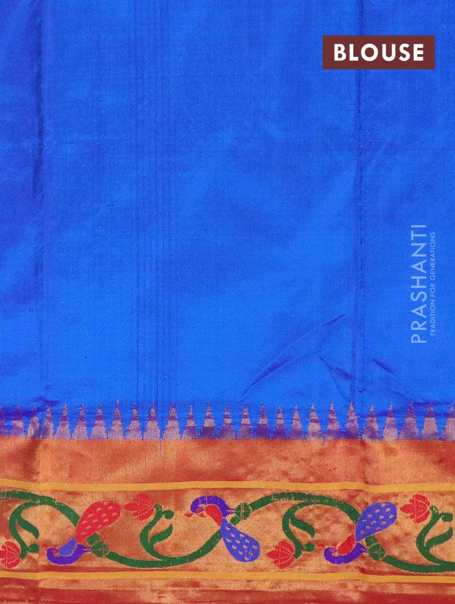Gadwal silk saree blue and dual shade of orangish red with zari woven buttas and temple design zari woven paithani border - {{ collection.title }} by Prashanti Sarees