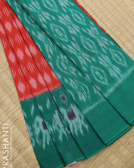 Ikat cotton saree red and teal green with allover ikat weaves and long ikat woven border - {{ collection.title }} by Prashanti Sarees