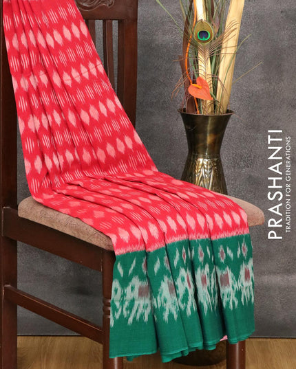 Ikat cotton saree red and teal green with allover ikat weaves and long ikat woven border - {{ collection.title }} by Prashanti Sarees