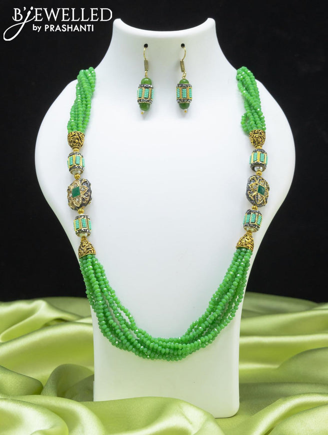 Jaipur beaded green necklace with green kemp and cz stone work pendant - {{ collection.title }} by Prashanti Sarees
