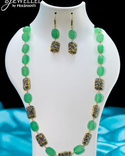 Jaipur beaded green stone necklace with cz work pendant - {{ collection.title }} by Prashanti Sarees
