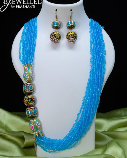 Jaipur beaded light blue necklace with minakari lotus pendant - {{ collection.title }} by Prashanti Sarees