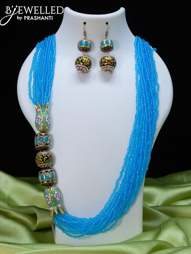 Jaipur beaded light blue necklace with minakari lotus pendant - {{ collection.title }} by Prashanti Sarees