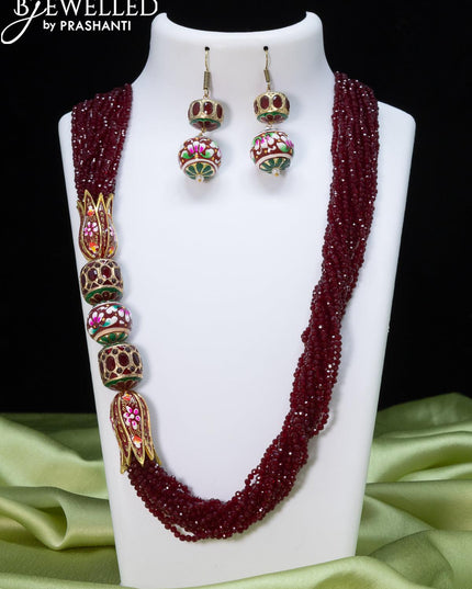 Jaipur beaded maroon necklace with minakari lotus pendant - {{ collection.title }} by Prashanti Sarees
