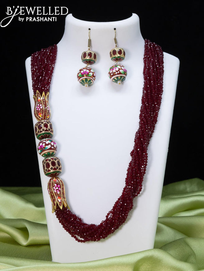Jaipur beaded maroon necklace with minakari lotus pendant - {{ collection.title }} by Prashanti Sarees