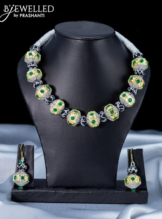 Jaipur beaded necklace with green kemp and cz stones - {{ collection.title }} by Prashanti Sarees