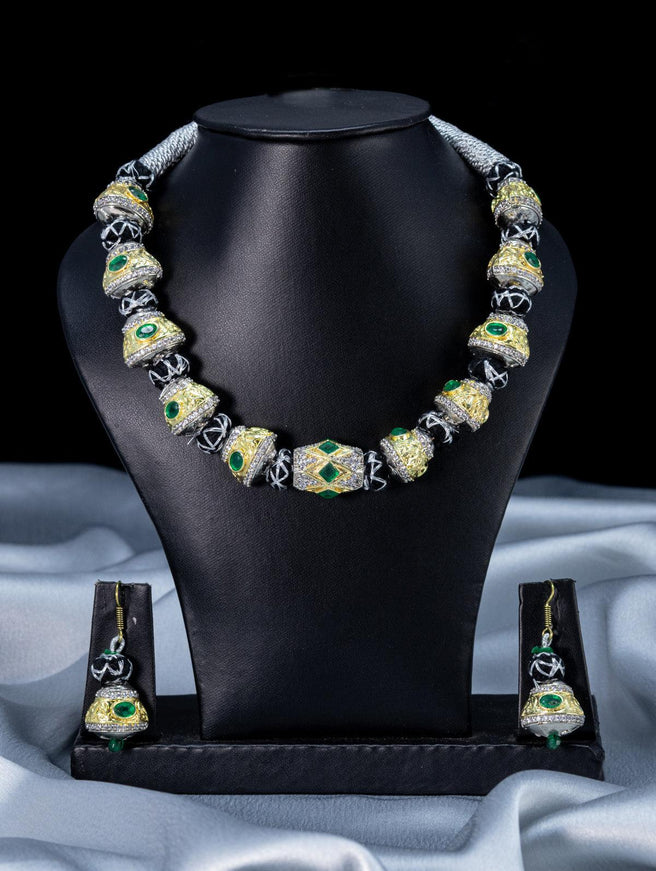 Jaipur beaded necklace with green kemp and cz stones - {{ collection.title }} by Prashanti Sarees