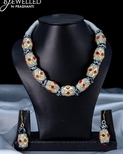 Jaipur beaded necklace with pink kemp and cz stones - {{ collection.title }} by Prashanti Sarees