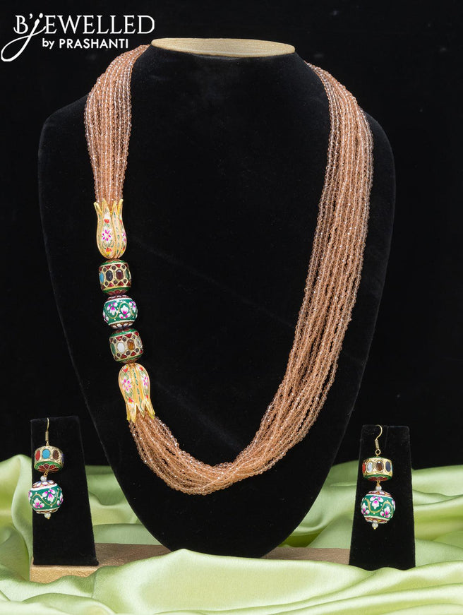 Jaipur beaded peach necklace with minakari lotus pendant - {{ collection.title }} by Prashanti Sarees