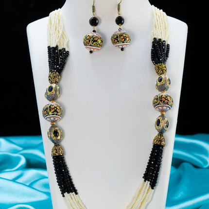 Jaipur black crystal and pearls necklace with minakari balls - {{ collection.title }} by Prashanti Sarees