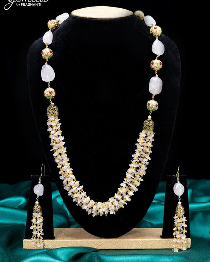 Jaipur crystal beaded baby pink necklace with kemp stones pendant - {{ collection.title }} by Prashanti Sarees