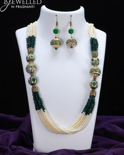 Jaipur crystal beaded green and pearl necklace with minakari balls - {{ collection.title }} by Prashanti Sarees