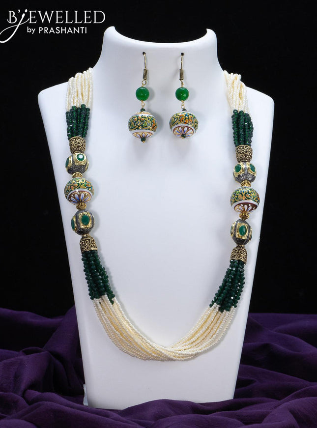 Jaipur crystal beaded green and pearl necklace with minakari balls - {{ collection.title }} by Prashanti Sarees