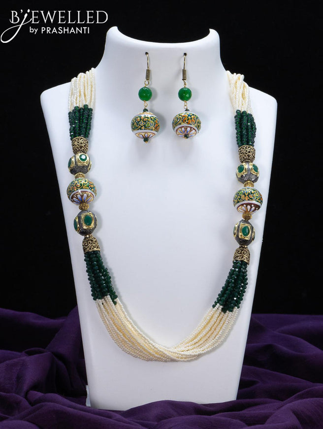 Jaipur crystal beaded green and pearl necklace with minakari balls - {{ collection.title }} by Prashanti Sarees