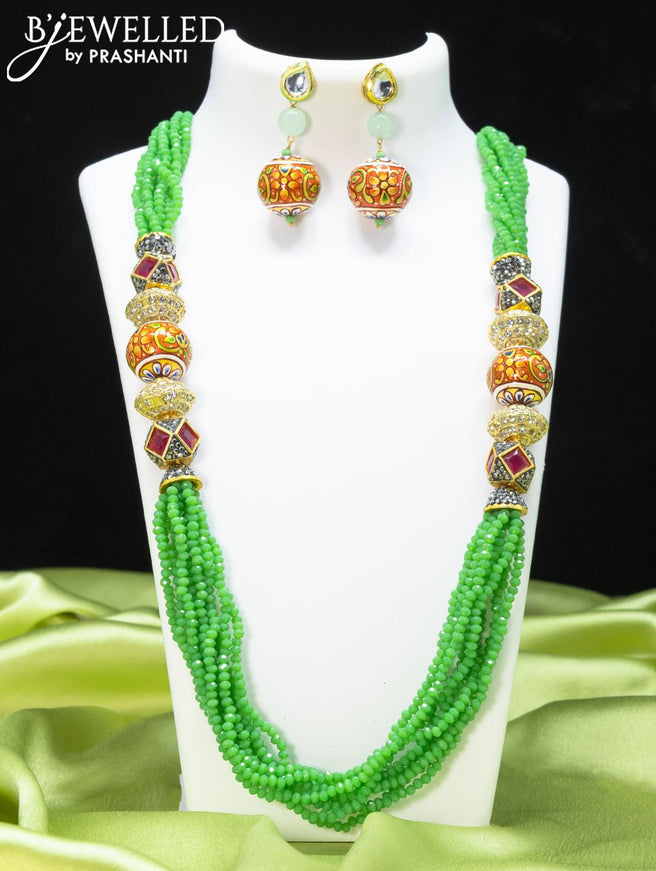 Jaipur crystal beaded green necklace with stone and minakari balls - {{ collection.title }} by Prashanti Sarees