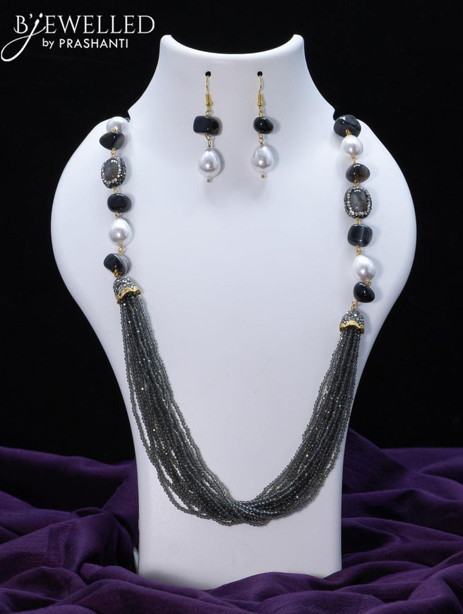 Jaipur crystal beaded grey necklace with black stone and pearl - {{ collection.title }} by Prashanti Sarees