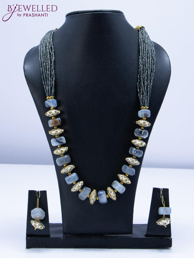 Jaipur crystal beaded grey necklace with grey stone and floral pendant - {{ collection.title }} by Prashanti Sarees