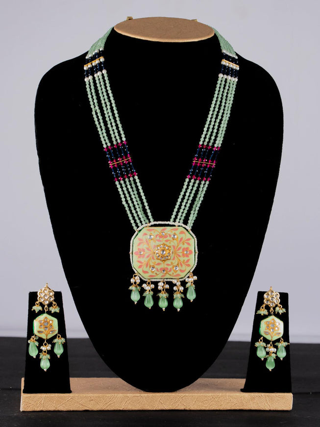 Jaipur crystal beaded light green mid length necklace with minakari pendant and hangings - {{ collection.title }} by Prashanti Sarees