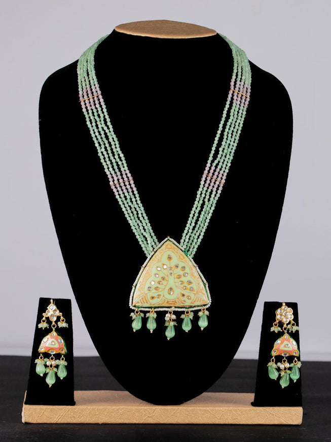 Jaipur crystal beaded light green mid length necklace with minakari pendant and hangings - {{ collection.title }} by Prashanti Sarees