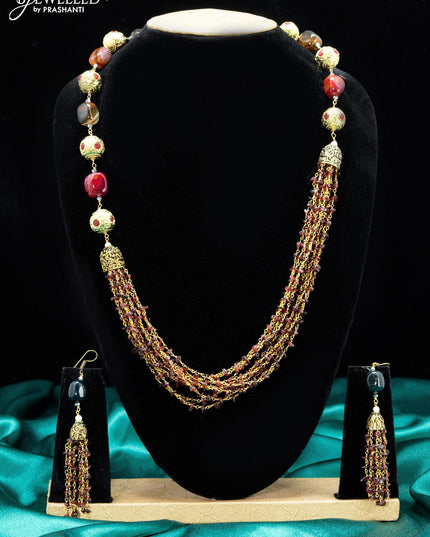 Jaipur crystal beaded maroon necklace with kemp stones pendant - {{ collection.title }} by Prashanti Sarees